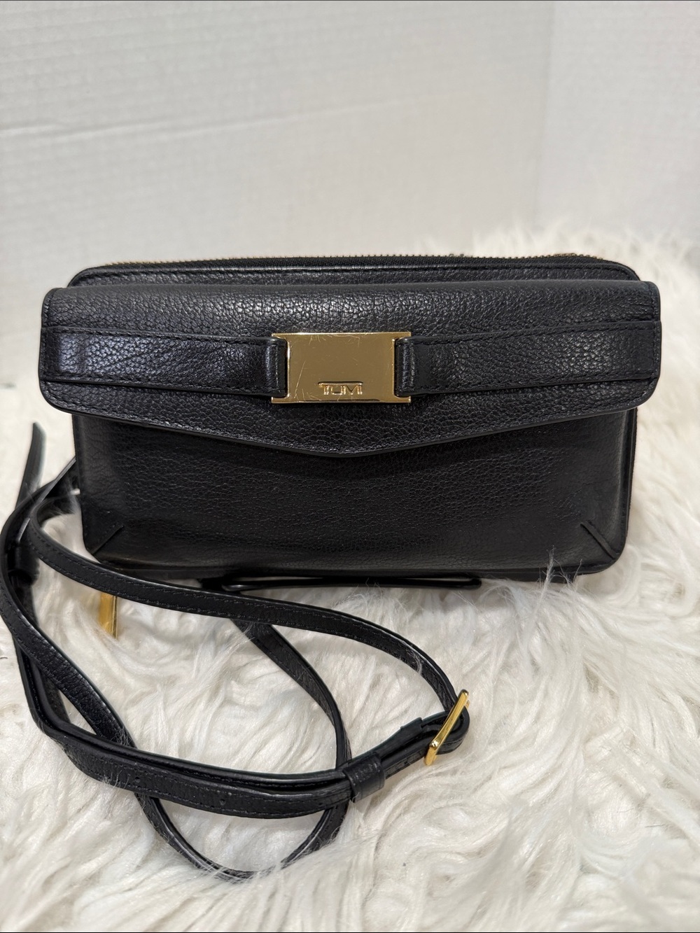 TUMI Crossbody with Gold tone Logo Accent Plate - Picture 1 of 16